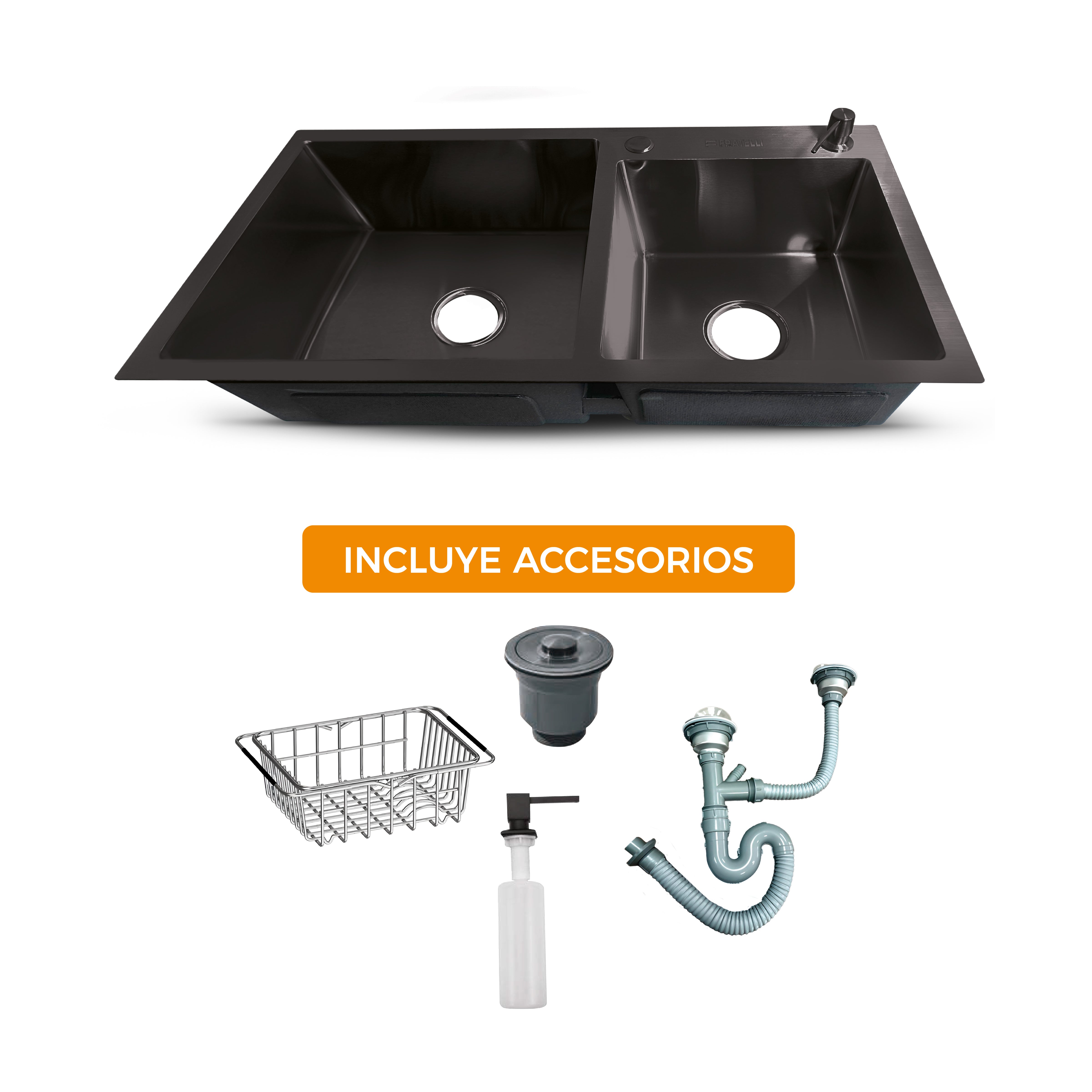 Prm-7843B Lavadero Prime De Acero Inox. Black Doble Poza C/Acces. 78X43X23Cm - Fratelli